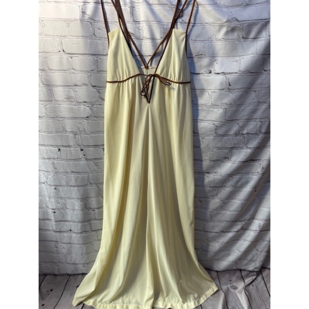 Vintage‎ 70s Dutchess Yellow Nightgown Slip Fairy Whimsy Sz 11 V Neck Brown Tie